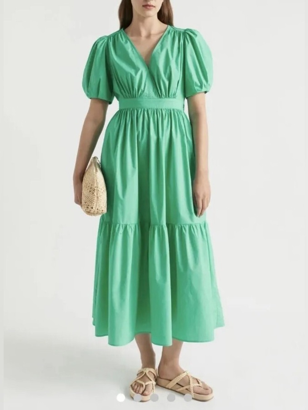 Seed Heritage Poplin Waisted Maxi Dress Jade Green Puff Sleeve V-Neck Size: 10